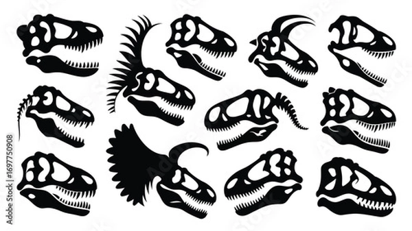 Fototapeta Collection of Dinosaur Skull Silhouettes A Diverse Set of Prehistoric Animal Head Outlines for Educational and Design Use, Vector Art