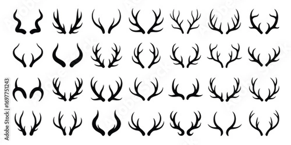 Fototapeta Collection of various deer antlers and horns in different shapes and sizes, perfect for design elements and creative projects