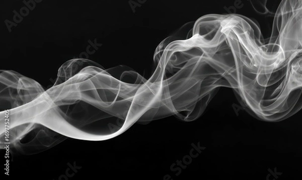 Fototapeta Ethereal wisps of white smoke swirl sinuously against a stark black backdrop, creating a mesmerizing and abstract pattern of light and shadow