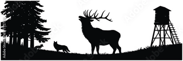 Fototapeta Silhouette of a majestic stag roaring, accompanied by a wolf and a hunting blind against a pine forest backdrop, evoking a wild, natural wilderness scene