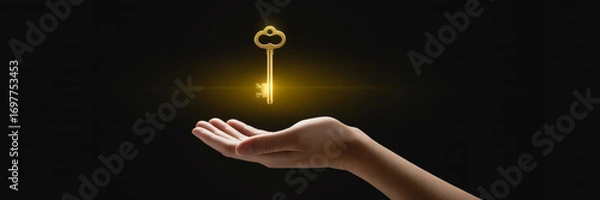 Obraz Golden key floating above hand concept of success opportunity solution and unlocking potential power