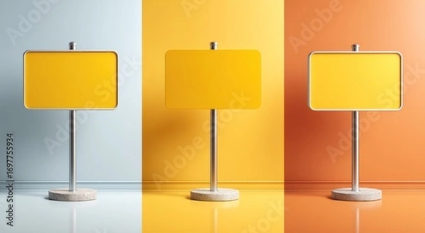 Fototapeta Three yellow signs stand on metallic poles with concrete bases, against blue, yellow, and orange backgrounds with matching glossy floors