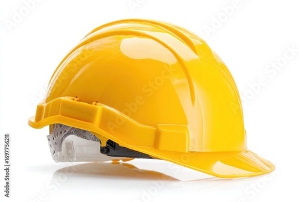 Fototapeta A bright yellow hard hat resting on a white surface, reflecting light with subtle shadows, showcasing its form and structural design