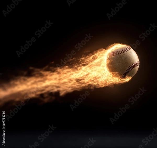 Fototapeta A baseball streaks through a dark backdrop, engulfed in bright orange flames, leaving a trail of fire behind it. Dynamic, high-speed motion is suggested
