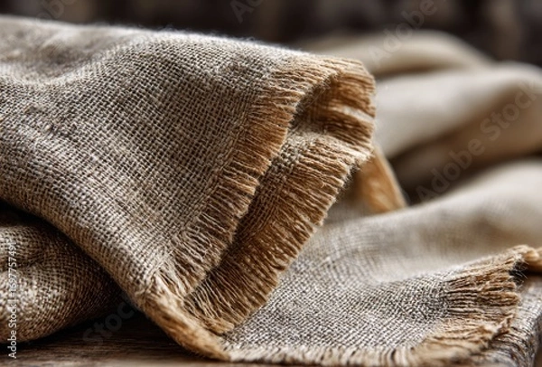 Fototapeta Close-up of a folded, coarse, brown textile fabric with fringed edges. Textured surface with a natural, organic feel. Neutral tones create a warm, rustic aesthetic