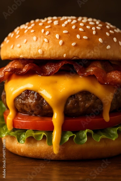 Fototapeta Close up juicy cheeseburger with melted cheese and crispy bacon