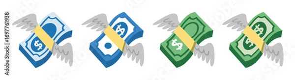 Fototapeta Dollar and Euro with wings. Flying money emoji. Dollar and Euro stack. Flying money with wings vector emoji. Vector icon set. 

