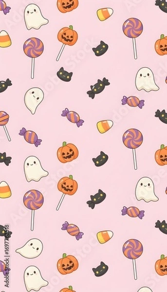 Obraz Cute Halloween Pattern on Pink Background with Candy and Ghosts