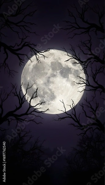 Obraz Full Moon with Bare Tree Branches on Dark Sky