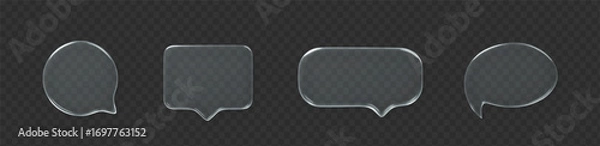 Obraz Glass speech bubble 3d icon set on dark transparent background. Message cloud vector object