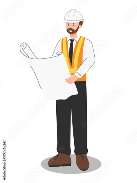 Obraz Engineer with safety vest and hard hat holding blueprint, construction and project management worker illustration