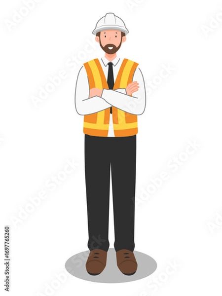 Obraz Engineer with safety vest and hard hat standing arms crossed, construction and project management worker illustration
