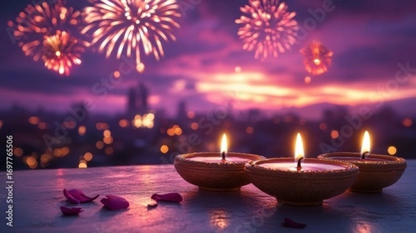 Fototapeta Banner design for diwali festival and podium,Diwali light decoration candle with fireworks,Stage,Product display Showcase design sparkle background,Deepavali,Dipavali,3D podium illustration.