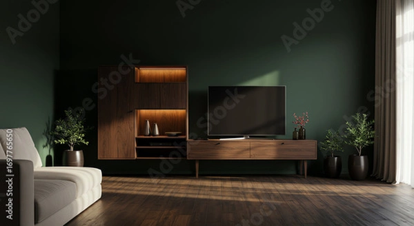 Fototapeta Modern living room interior with wooden furniture