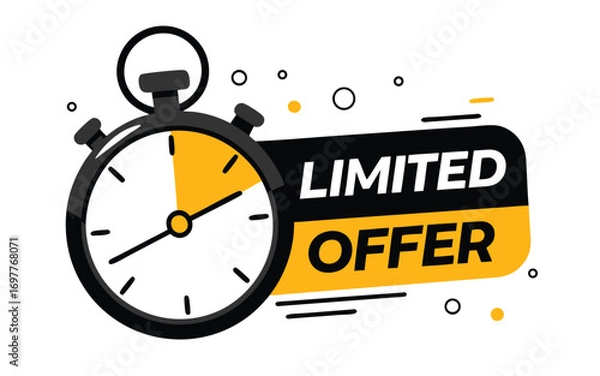 Fototapeta Limited offer with clock for promotion, banner, price. Super promo with countdown or exclusive deal. Last minute offer one day sales and timer. Last minute .