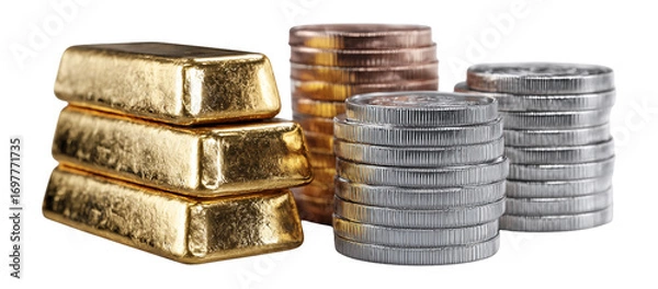 Fototapeta Gold Bars and Coins Stacked on a White Background for Finance Themes