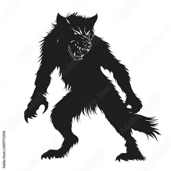 Obraz Ferocious werewolf silhouette in aggressive stance, isolated on transparent background