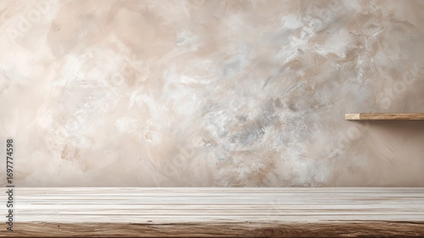 Obraz Whitewashed wooden table with cloudy wall texture