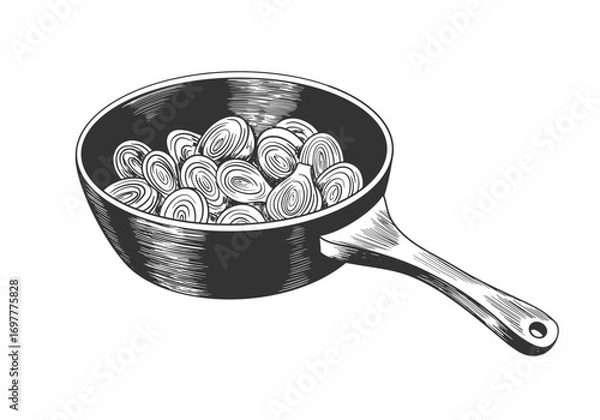 Fototapeta Sketch style pan fried brussel sprouts. Engraved illustration of brussel sprouts in a frying pan isolated on white background. Thanksgiving dish