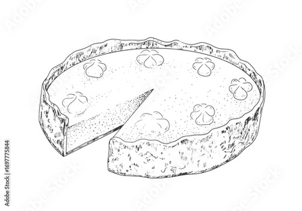 Fototapeta Sketch style pumpkin pie with whipped cream. Engraved illustration of a whole cheesecake with one slice cut off. Hand drawn black and white round pie. Thanksgiving dish