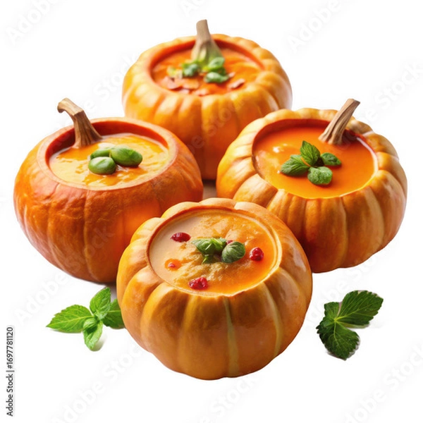 Obraz Photo of four small hollowed-out pumpkins filled with vibrant orange soup and garnished with fresh basil leaves, isolated on a transparent background.