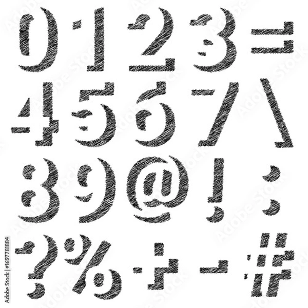 Fototapeta The set of hand drawn scribble shadow silhouettes with numbers and symbols on white background