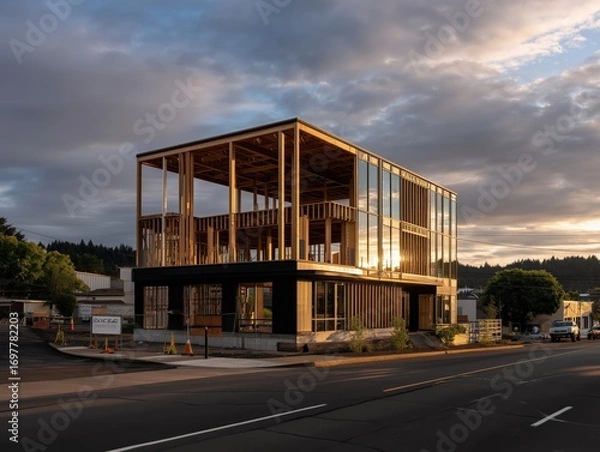 Fototapeta Architectural photography of partially completed wooden building showing innovative modern design and sustainable construction techniques.