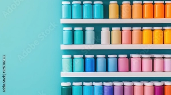 Fototapeta Colorful and Vibrant First Aid Kits Neatly Arranged on Pharmacy Shelves Showcasing a Variety of Medical Supplies and Remedies in an Orderly Display