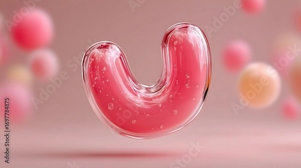 Fototapeta 3D rendering of a glossy, pink, U-shaped object with bubbles inside, floating against a soft pink background with blurred spheres.