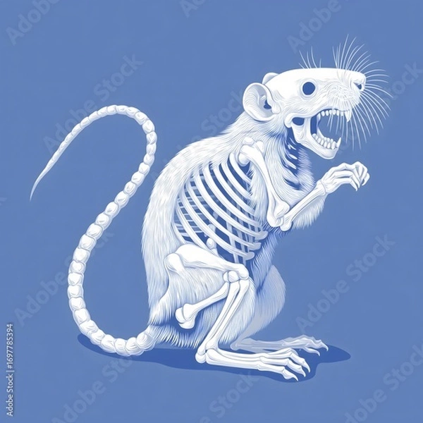Fototapeta Illustration of a rat skeleton in a detailed, artistic style on a blue background.