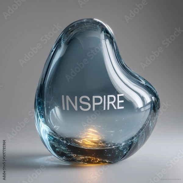 Fototapeta A smooth, abstract glass sculpture with the word 'Inspire' engraved on it, set against a neutral background.