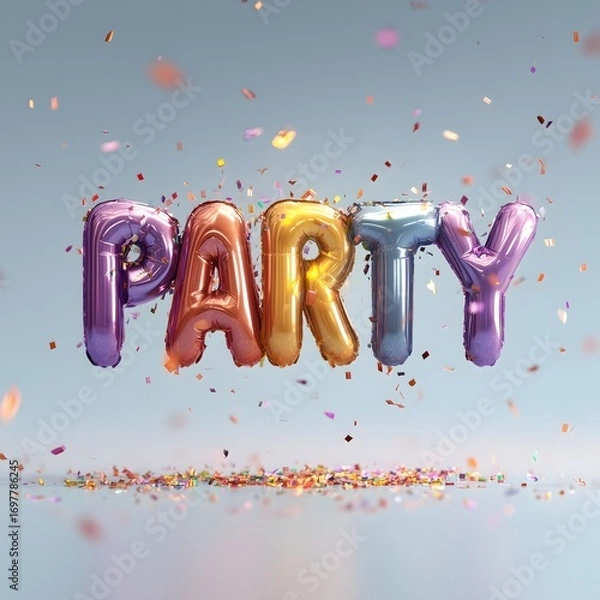 Fototapeta Colorful balloon letters spelling 'PARTY' with confetti.
