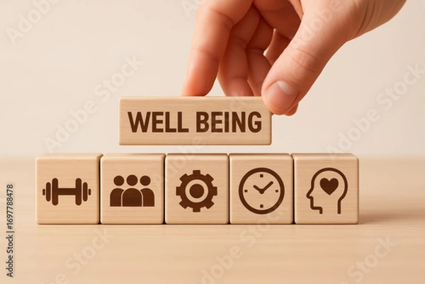 Fototapeta Mindful finance approach to well being with icons for health, teamwork, time and mental balance
