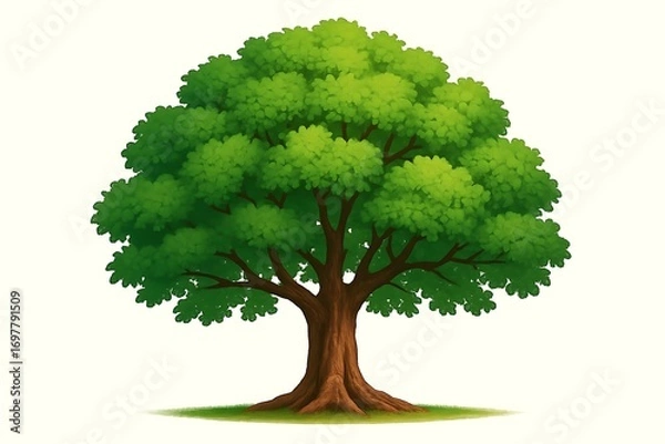 Fototapeta Vibrant green leafy tree with thick trunk and root system on white background