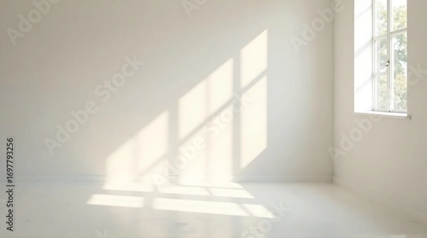 Fototapeta Minimalist White Room Illuminated by Sun Rays and Window Shadows