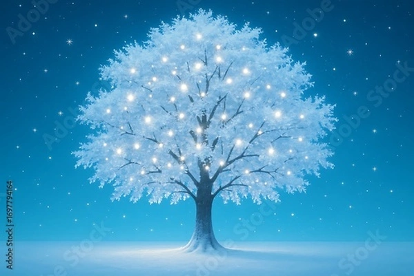 Fototapeta Magical winter tree adorned with glowing white lights under a starry blue sky