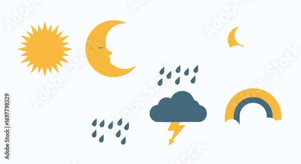 Fototapeta Weather Icons Sun Moon Rain Cloud with Lightning and Rainbow.