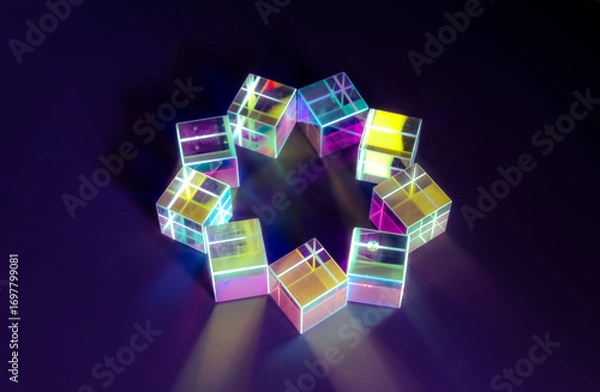 Fototapeta Crystal cube prism with refraction and holographic effect on dark background