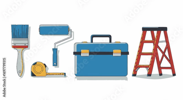 Fototapeta Handyman Tools Paintbrush Roller Tape Measure Toolbox and Ladder.