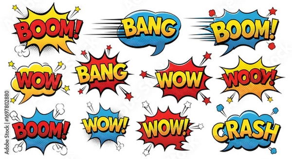Fototapeta Comic Book Style Speech Bubbles with Exclamations Boom Bang Wow Crash.