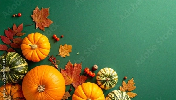Obraz Autumn-themed border with orange pumpkins dried leaves acorns berries and green background for editorial seasonal photography Thanksgiving design and poetic harvest-themed visuals