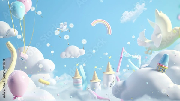 Fototapeta Little clouds are wearing sun hats and chasing the blue sky with rainbow kites. A group of white doves flew by with dandelion seeds in their hands. In the castle of marshmallows like building blocks i