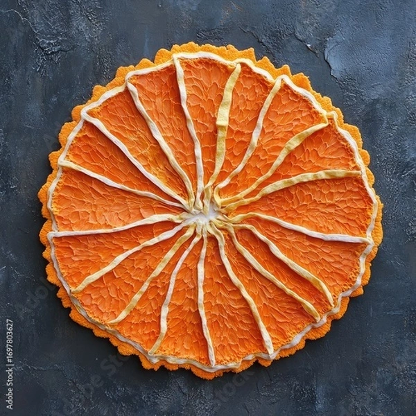 Fototapeta Overhead view of an orange citrus fruit slice with white segments on a dark textured background