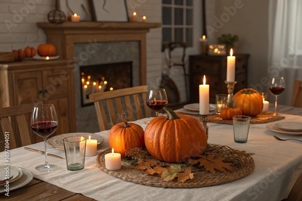 Fototapeta Cozy autumn dinner setting with pumpkins, candles, and wine, creating a warm atmosphere
