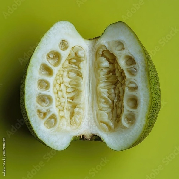 Fototapeta Close up of a halved fruit with visible seeds and pulp against a light green background studio shot