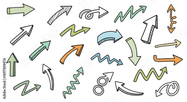 Fototapeta Collection of HandDrawn Arrows in Various Styles and Colors with Black Outlines.