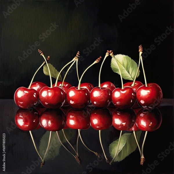 Fototapeta A row of ripe red cherries with stems and leaves reflected on a glossy black surface against dark background