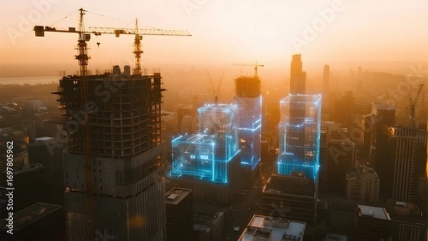 Fototapeta Urban skyline at sunset with holographic building models and construction cranes