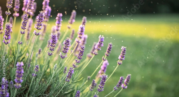 Fototapeta Lavender flowers in a field with pollen floating in the air. The scene captures the essence of spring and potential allergens for allergy sufferers.