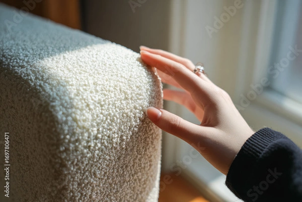 Fototapeta Gentle touch of a woman's hand on cozy fleece in sunlit room